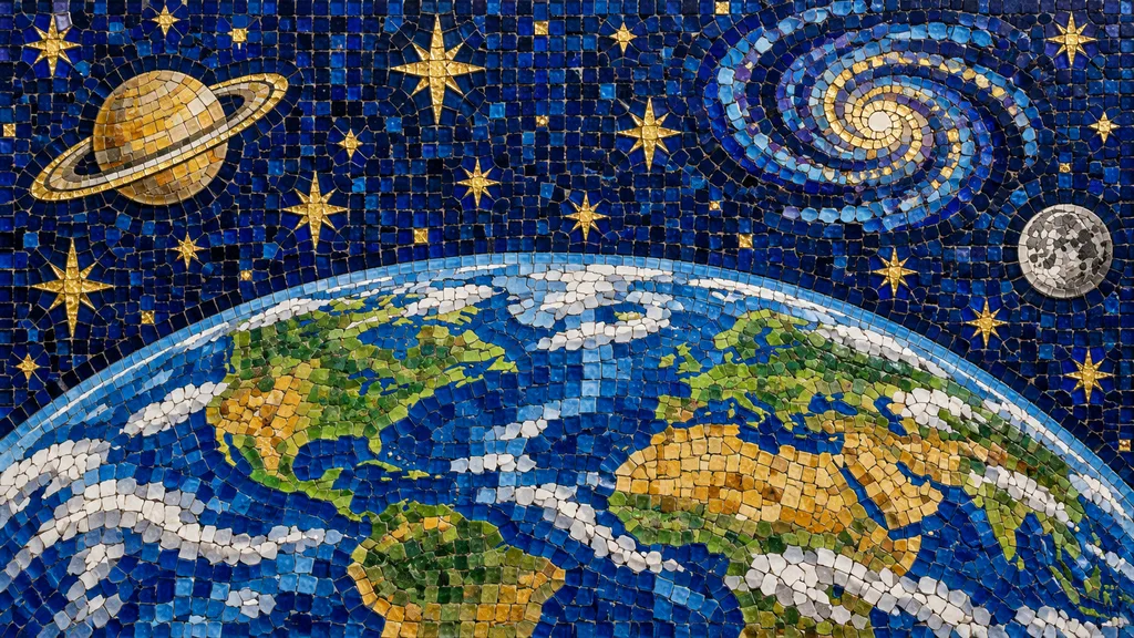 Tile mosaic of Earth under a starry sky