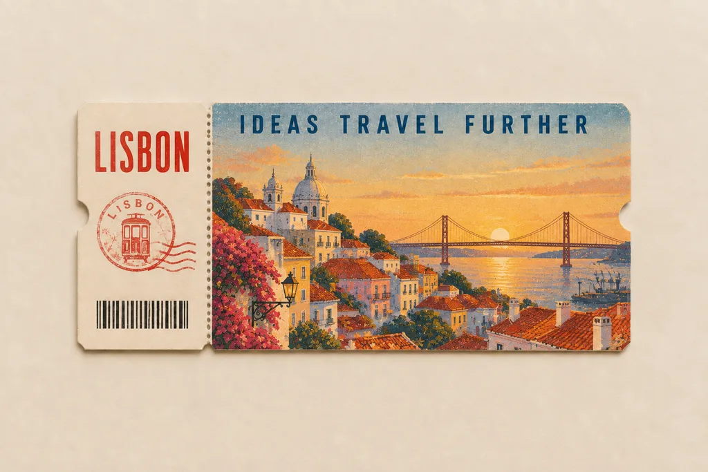 Vintage travel ticket localized from Tokyo to Lisbon